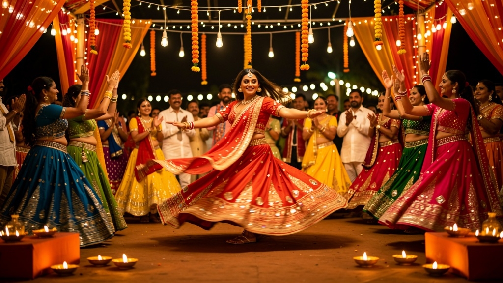 Navratri garba dance celebration with woman in red Chaniya Choli dancing under festive lights