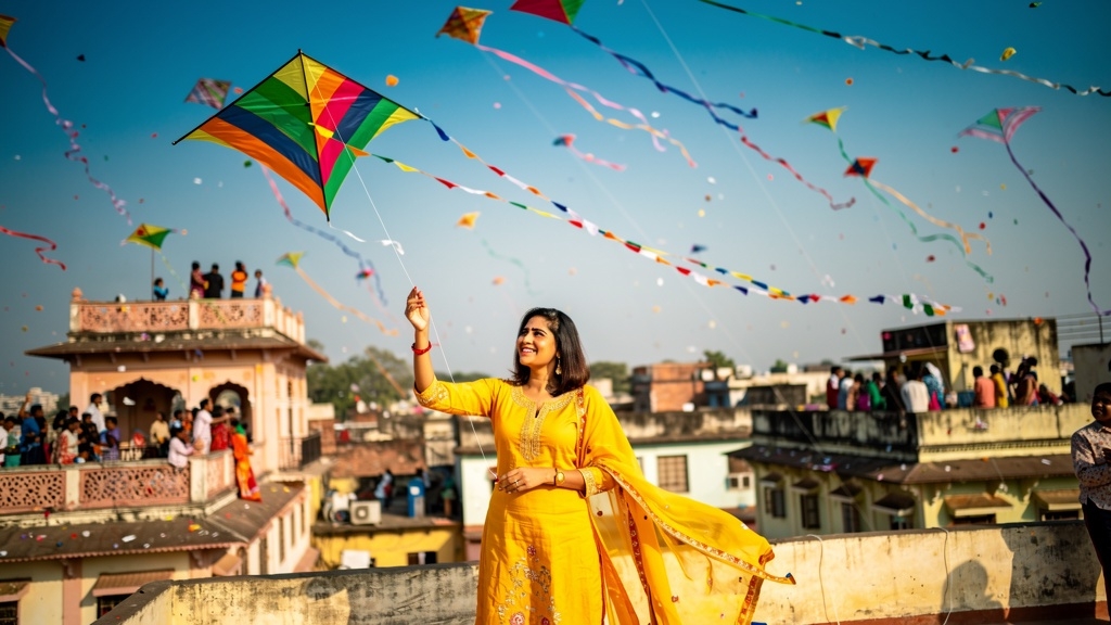 Uttarayan kite festival with woman in yellow flying colorful kites against blue Gujarat sky